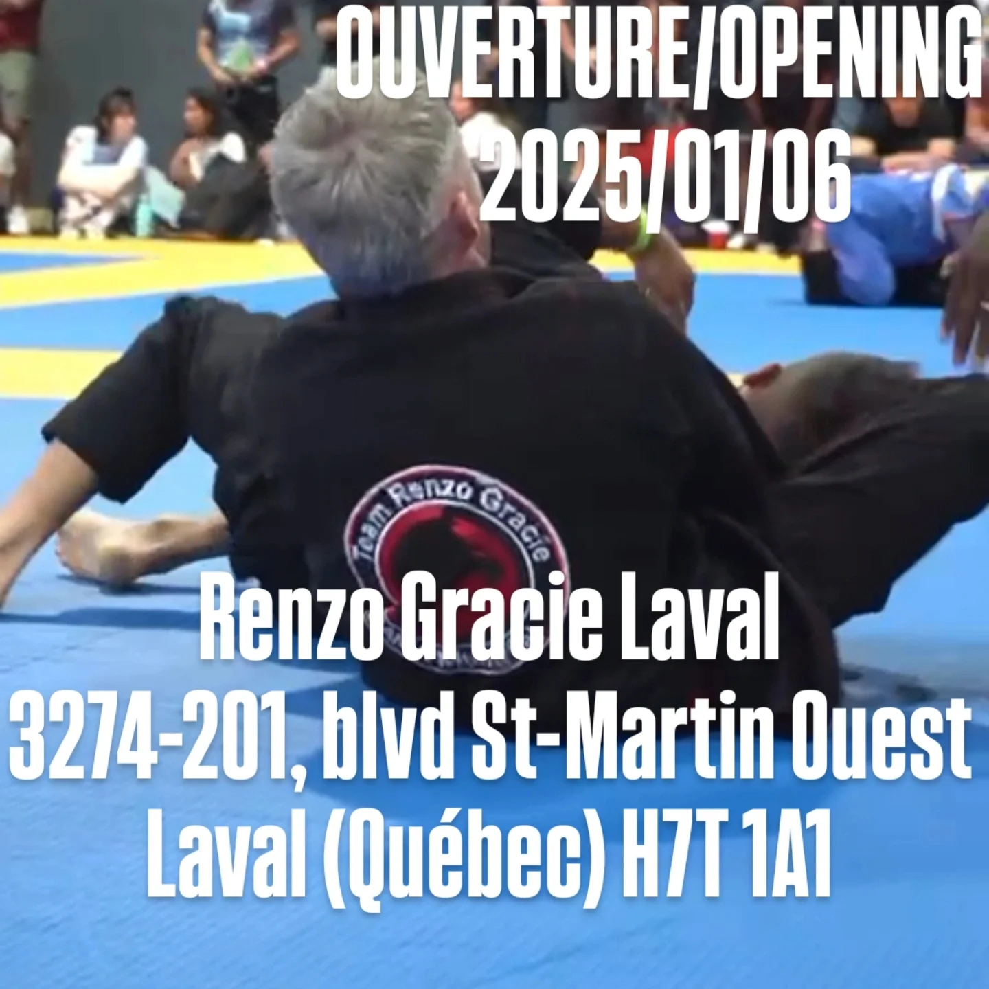 Opening date graphic over a jiu-jitsu match on blue competition mats