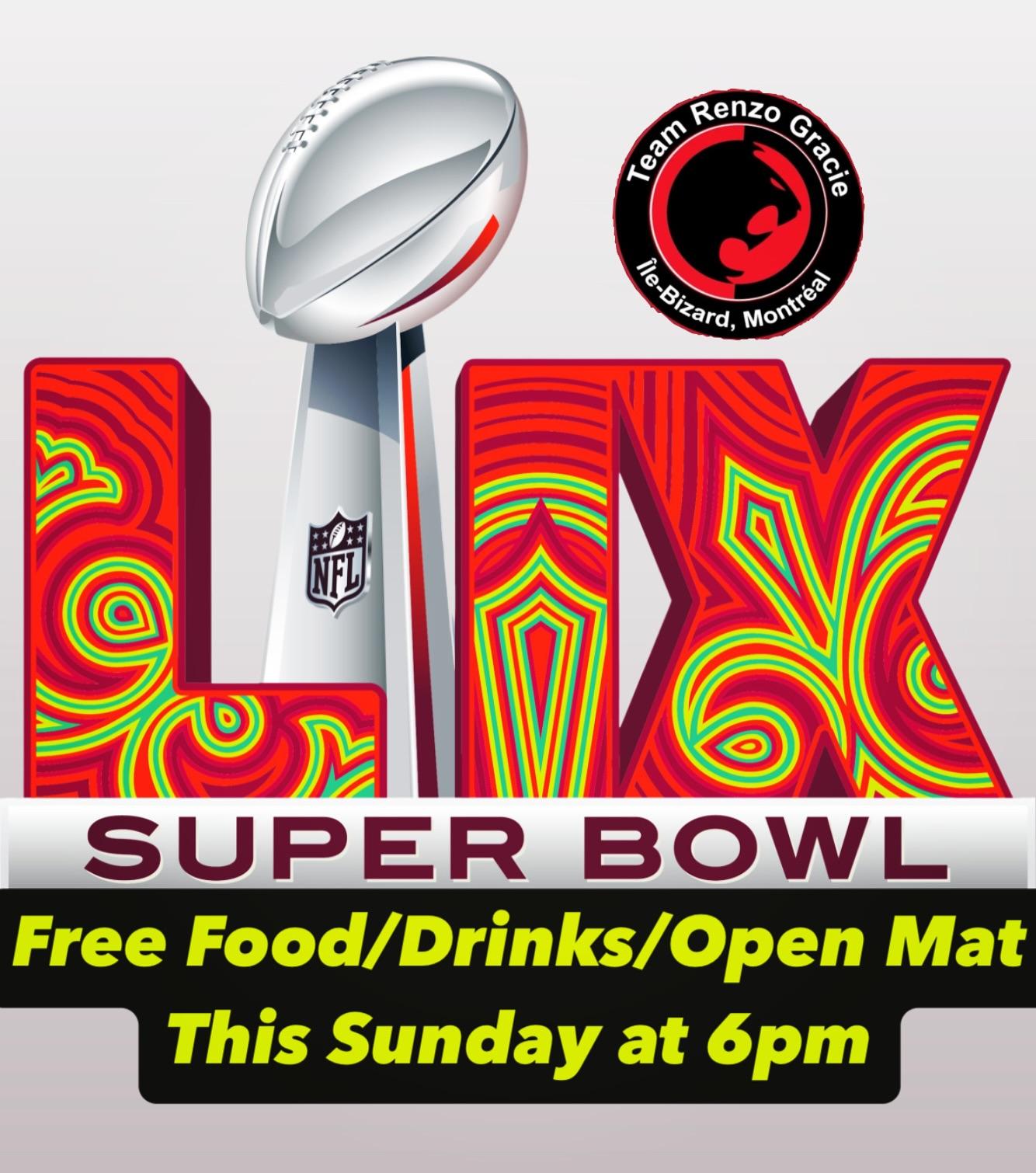 Un cartel del Super Bowl LIX con el trofeo y el logo de la academia de West Island