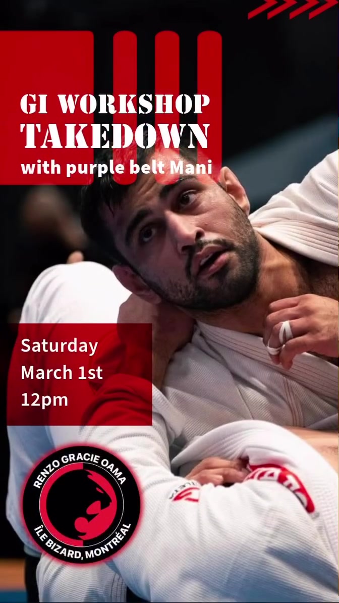 Red takedown workshop poster with the date, over a competitor in a white gi