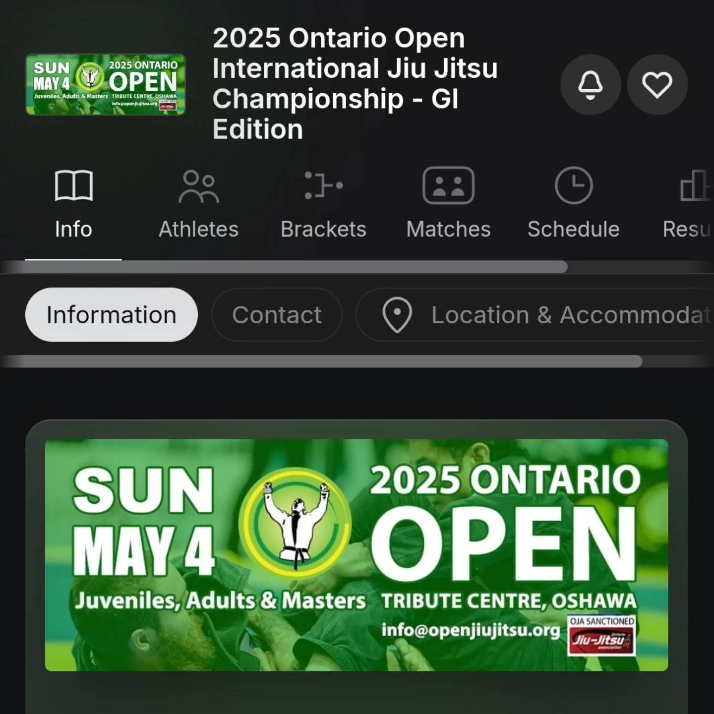 Event page for the 2025 Ontario Open, a gi tournament in Oshawa