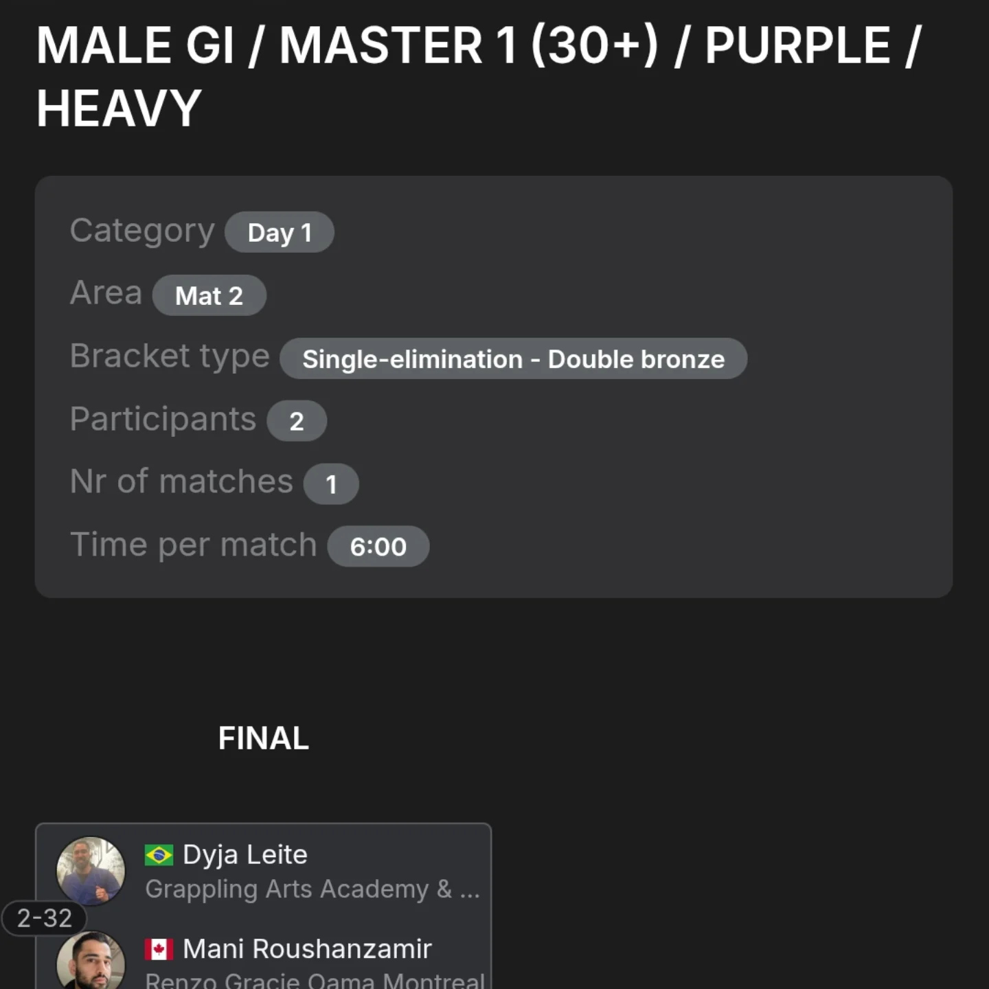 Bracket screenshot for a masters purple belt gi division