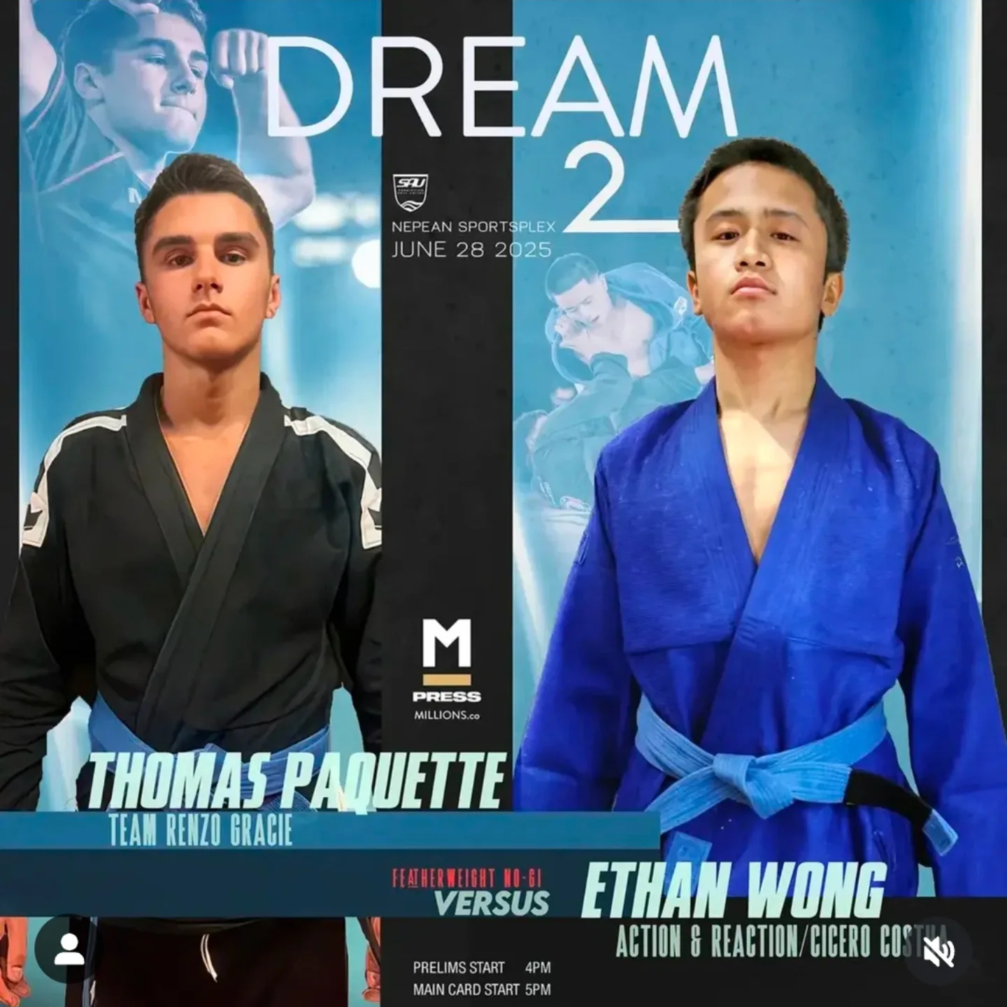 A match poster shows two gi competitors under the Dream 2 title