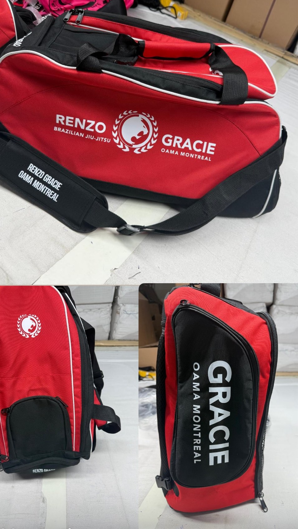 Red and black Renzo Gracie OAMA Montreal gym bags and a backpack
