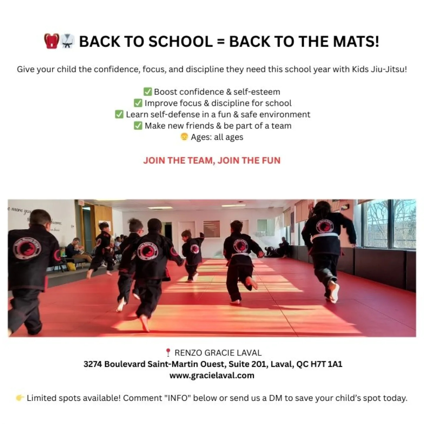 A back-to-school graphic with a checklist above children in black gis running on red mats