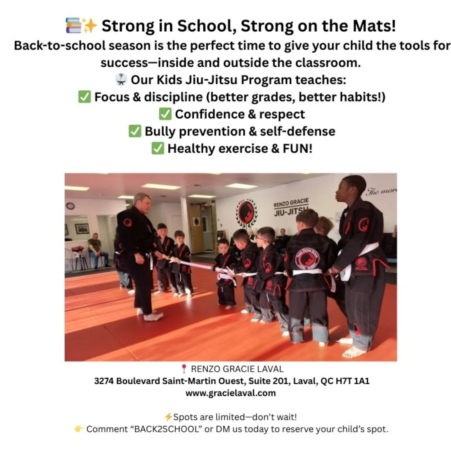 A back-to-school graphic above a coach and a line of children in black gis on the mats