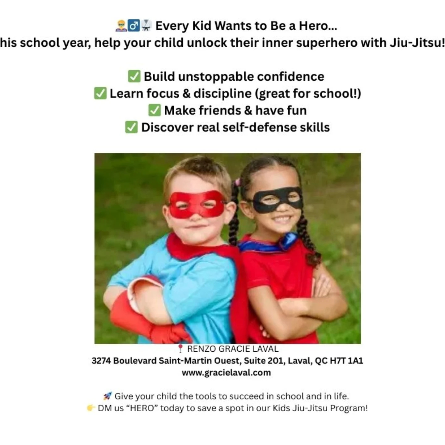 Two children in superhero masks and capes stand arms crossed under a kids program checklist