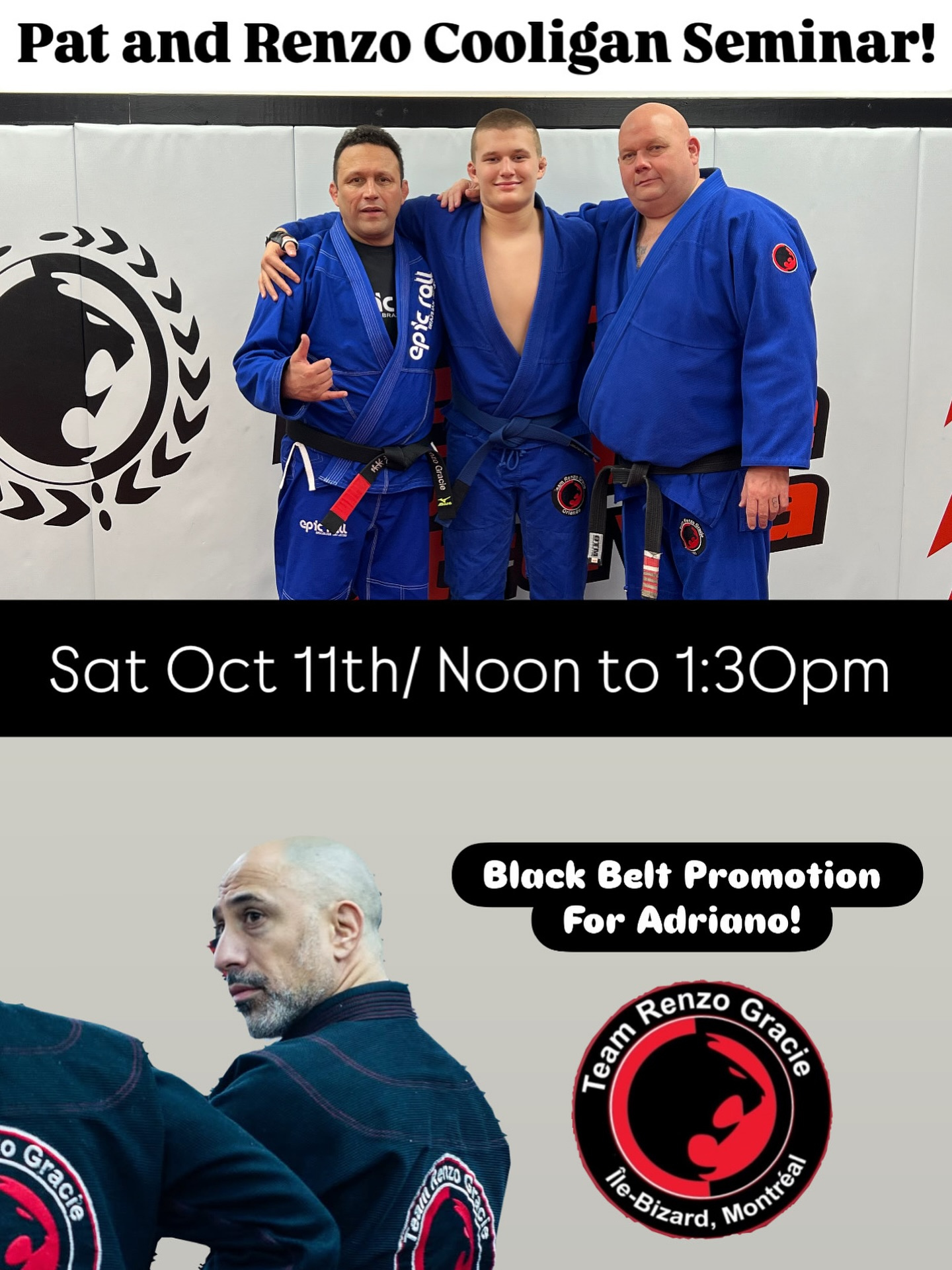 A seminar poster with three practitioners in blue gis above a black belt promotion notice