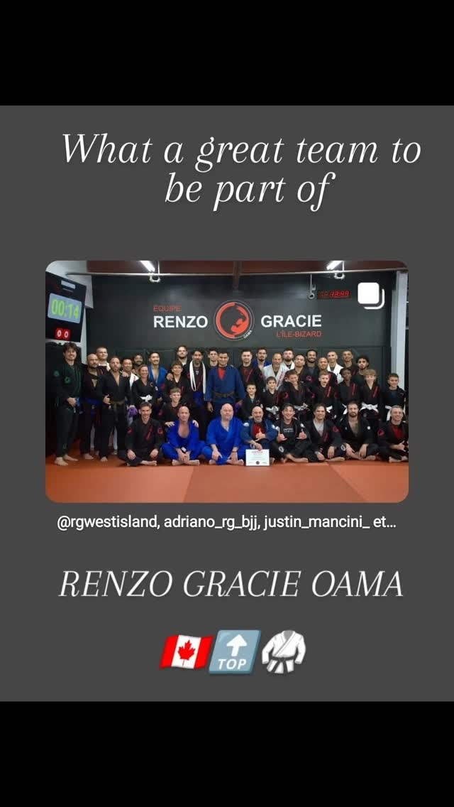Una gran foto del equipo con gi frente a un muro de Renzo Gracie, bajo un mensaje sobre el orgullo de pertenecer