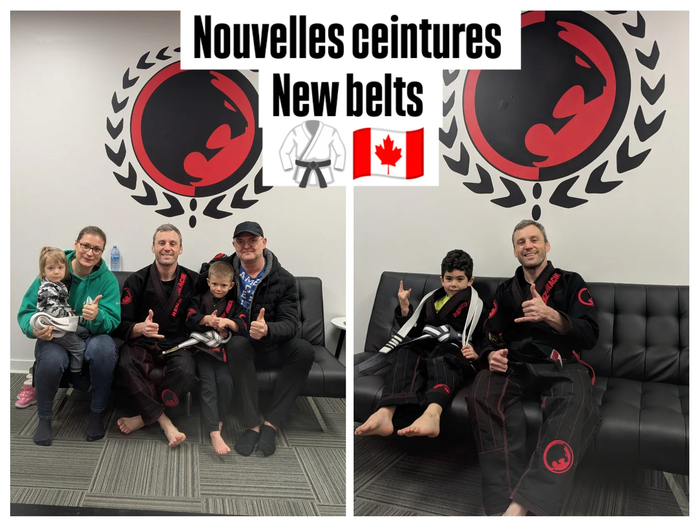 A collage of two young students holding new belts with a coach and family under the academy logo
