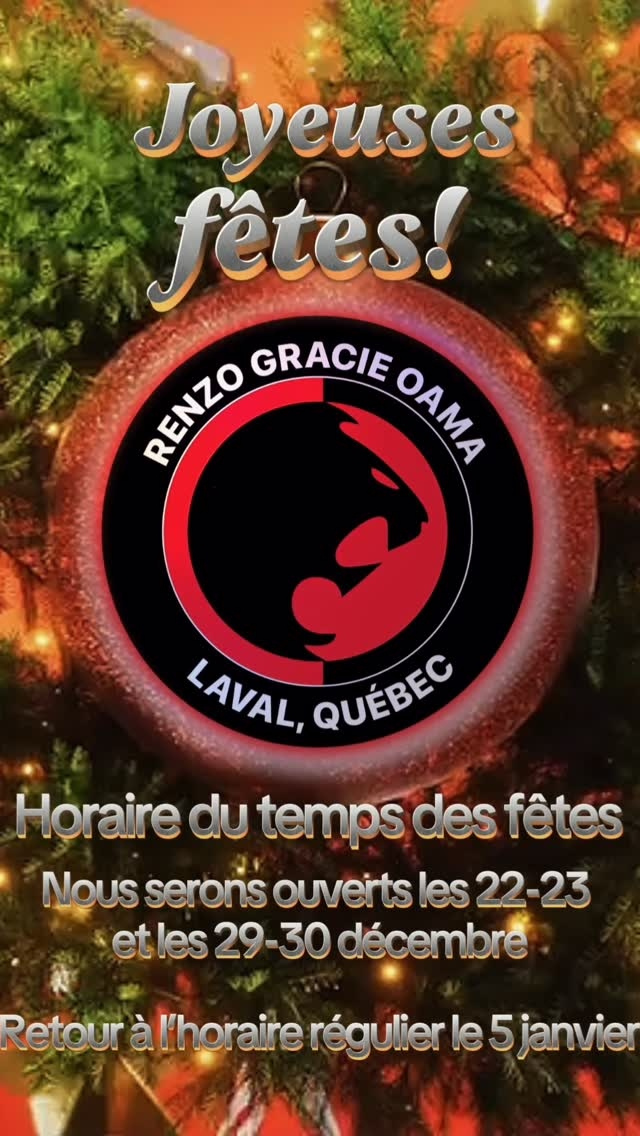 A red Christmas ornament with the academy logo and a holiday schedule notice in French