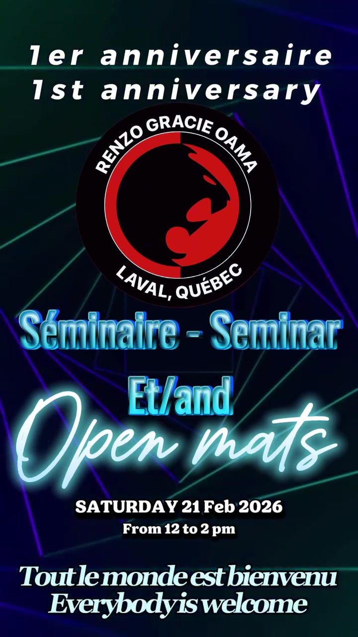 Um cartaz em estilo neon do seminário e open mat do primeiro aniversário, em 21 de fevereiro de 2026