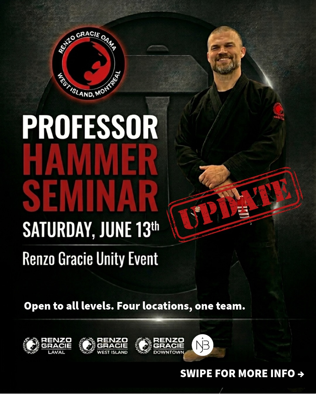 A seminar poster with an instructor in a black gi and the logos of four academies