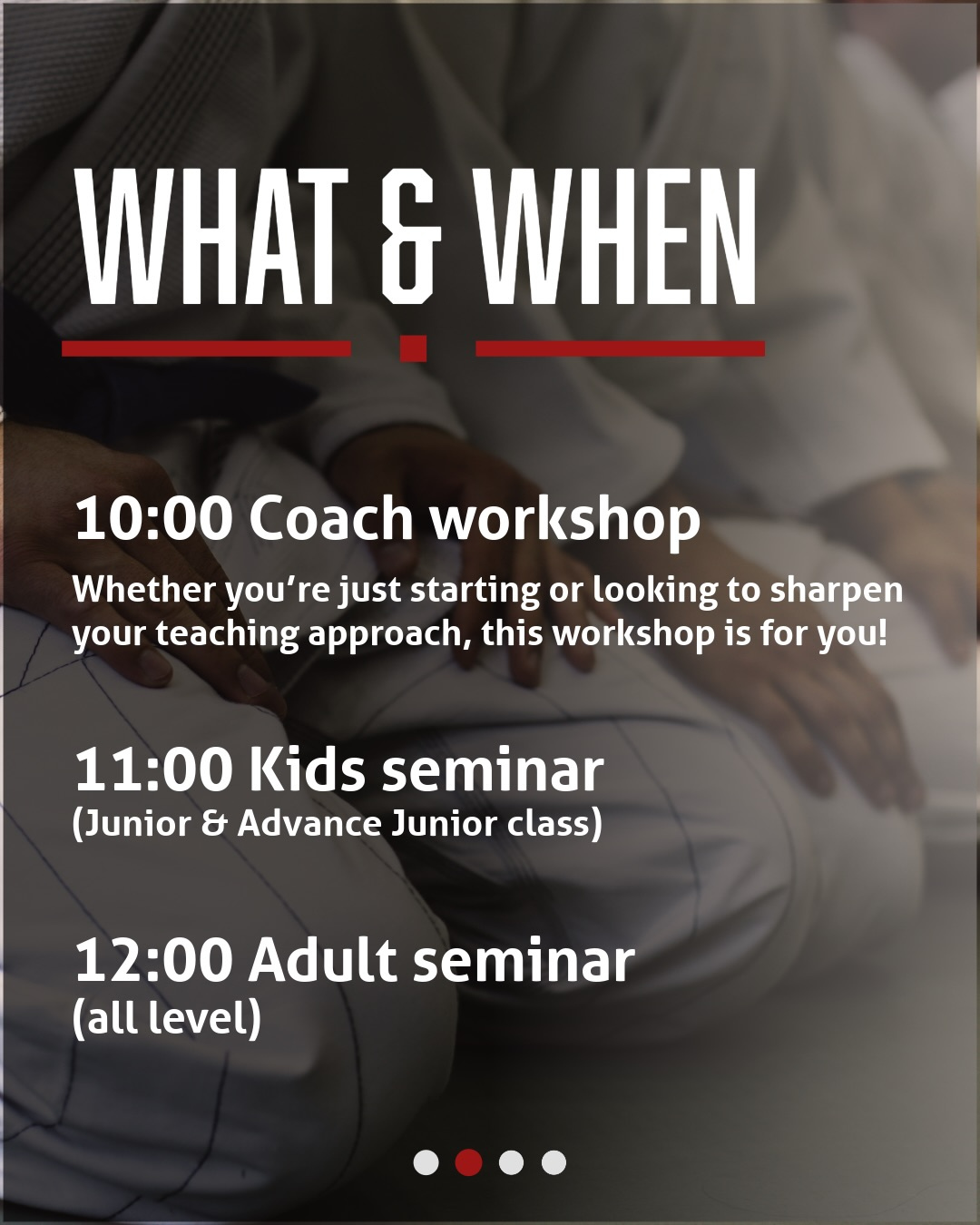 A slide listing the times of the coach workshop, the kids seminar and the adult seminar