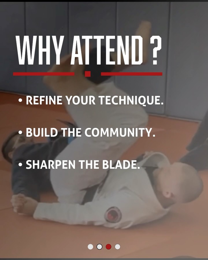 A Why attend slide over a training scene: refine your technique, build the community, sharpen the blade