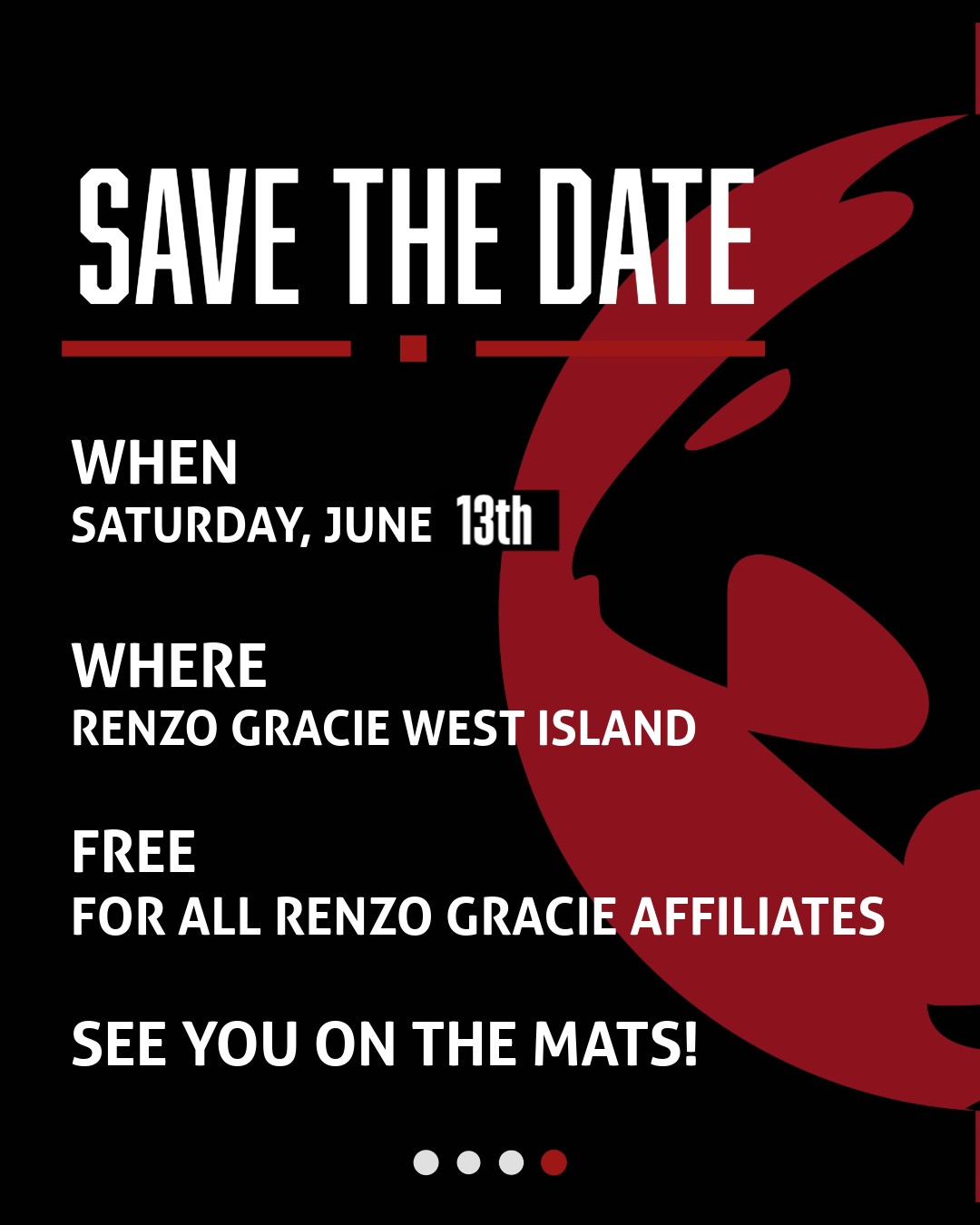 A Save the date slide for the June 13 seminar day at Renzo Gracie West Island